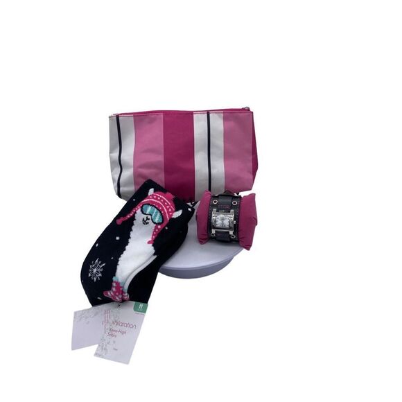 Claire’s watch, llama print socks, and striped cosmetic bag - Gift Set Nwt - pin - Picture 5 of 11